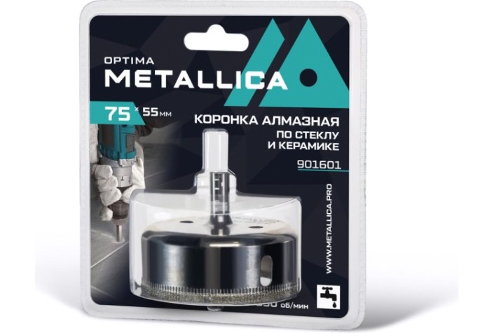 Алмазная коронка для мокрого сверления METALLICA Optima 75x55 мм #80 по стеклу, плитке [901601]