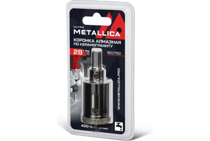 Алмазная коронка для мокрого сверления METALLICA Ultra 28х70 мм #46 по керамограниту, плитке [901793]