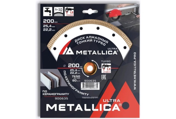 Алмазный диск для резки гранита METALLICA Ultra 200x25,4/22,2 мм, H=10 мм тонкий турбо [900635]