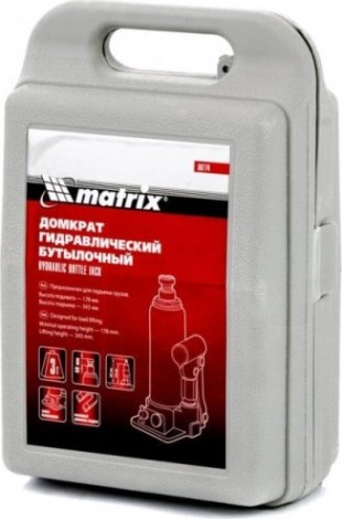 Домкрат бутылочный MATRIX 3 т, h подъема 178–343 мм, в пласт. Кейсе [50774]