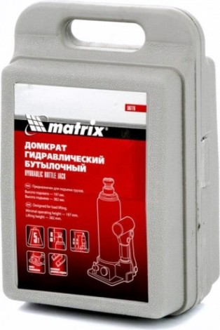 Домкрат бутылочный MATRIX 5 т, h подъема 197–382 мм, в пласт. Кейсе [50776]