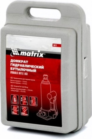 Домкрат бутылочный MATRIX 6 т, h подъема 216–413 мм, в пласт. Кейсе [50777]