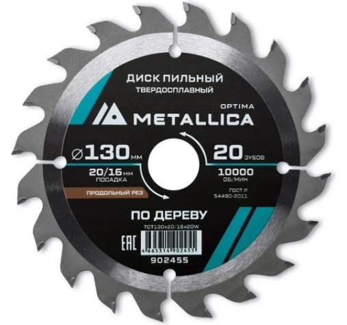 Пильный диск по дереву METALLICA Optima 130x20/16 мм 12 зубов, T=2,4 мм продольный [902455]