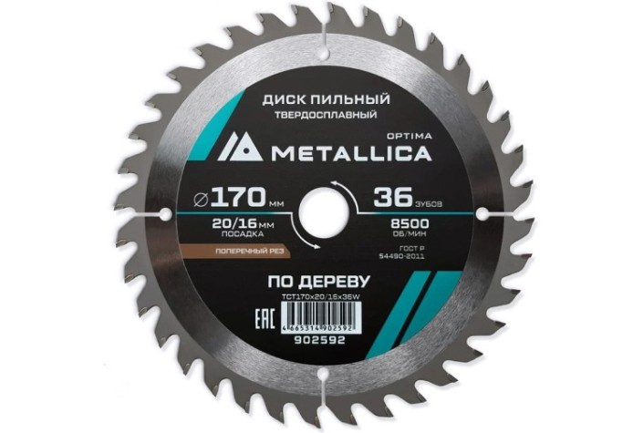 Пильный диск по дереву METALLICA Optima 170x20/16 мм 36 зубов, Т=2,4 мм прод/поперечн [902592]