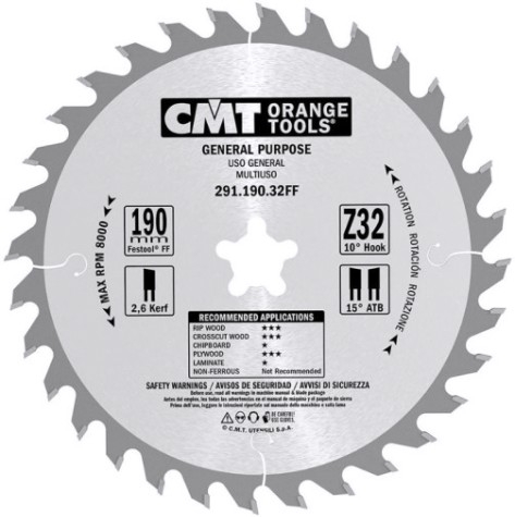 Пильный диск по дереву СМТ 190X20(Festool®FF)X2,6/1,610°10°ATBZ=32 [291.190.32FF]