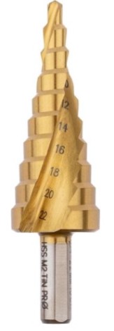 Сверло ступенчатое по металлу Профоснастка № 3315 HSS-G M2 TIN 4-22мм, 10 ступ. хв. 8 мм [30106015]